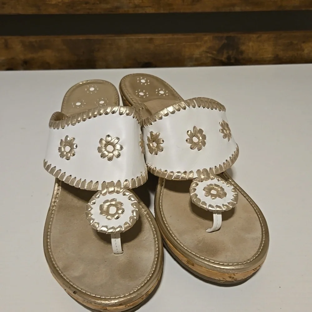 Jack Rogers Women's White and Gold Leather Upper Wedge Sandals Size 9.5